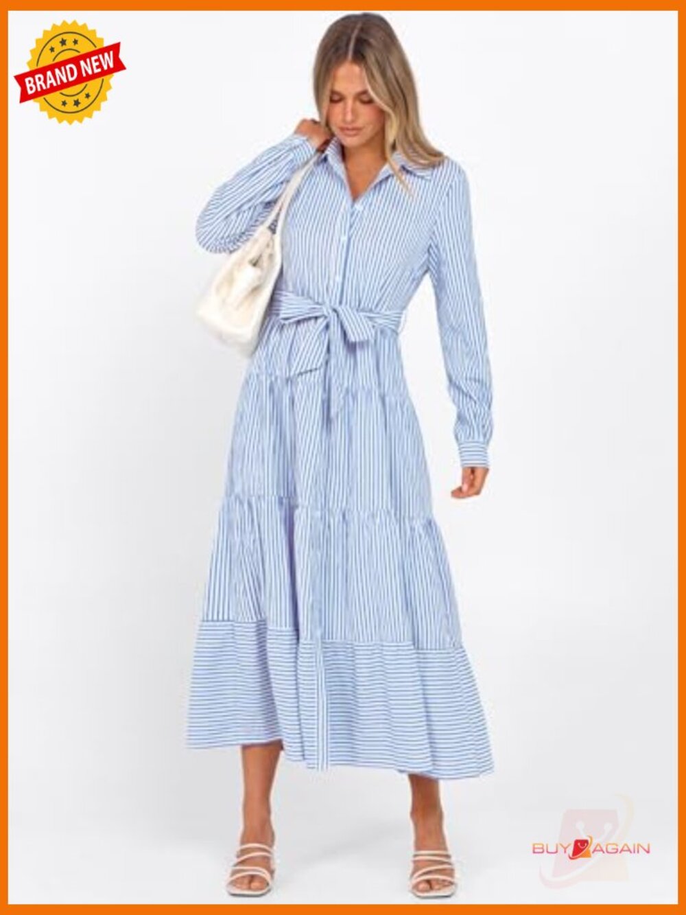 Long Sleeve Maxi Dress with Belt Button Down Casual Shirt Dress - Picture 3 of 7